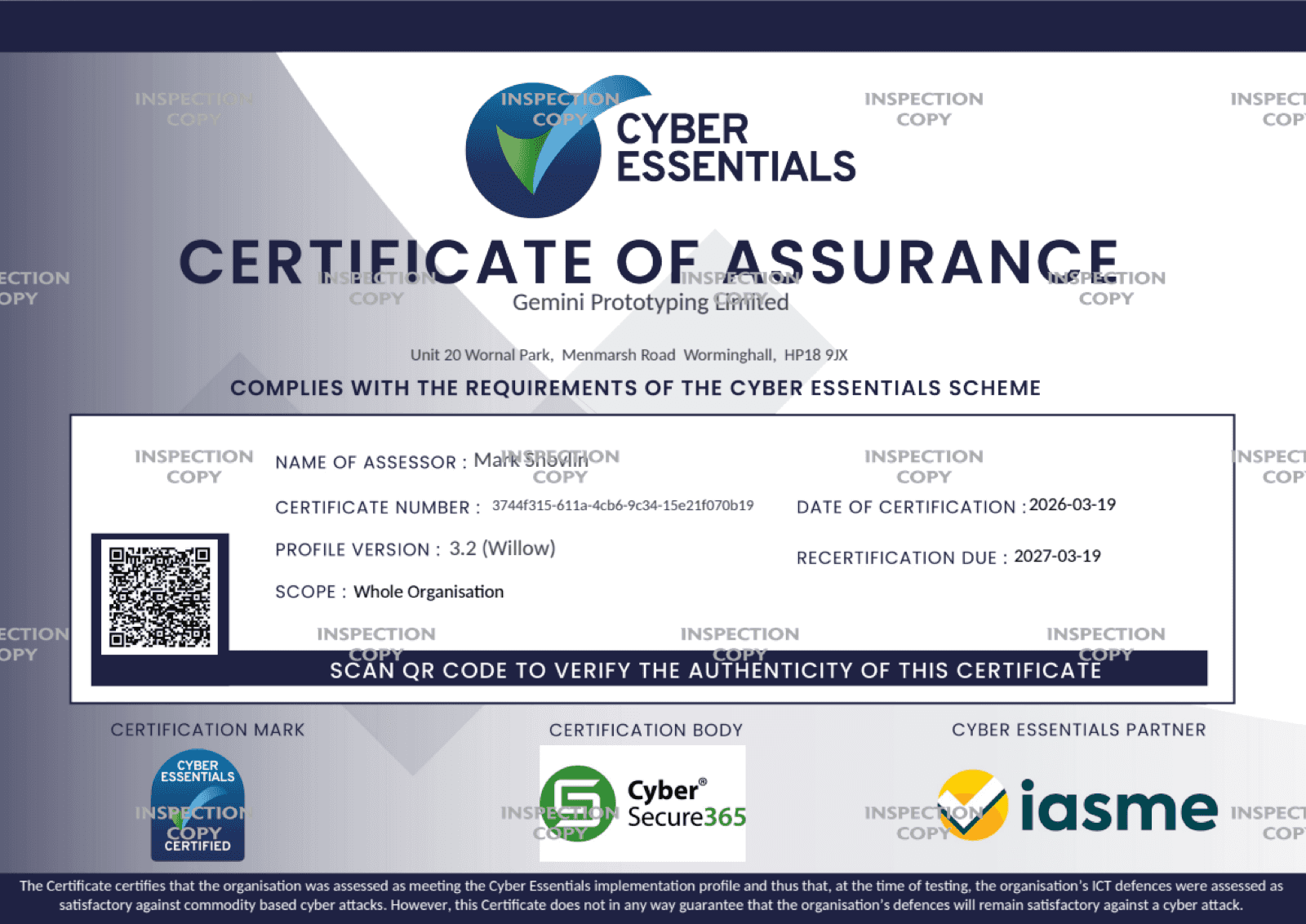 Gemini Cyber Essentials certificate of assurance
