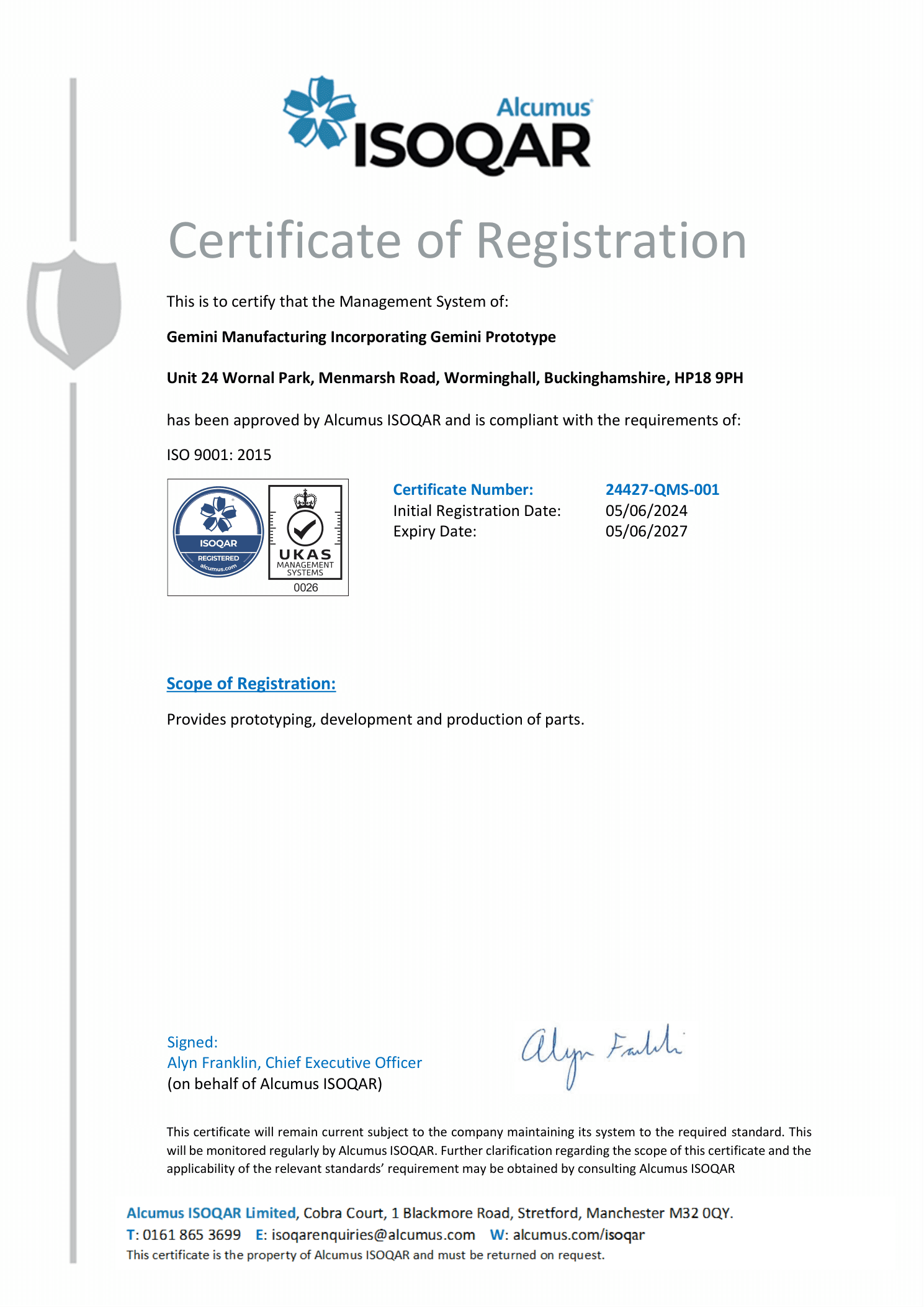 Gemini ISO 9001:2015 certificate of registration