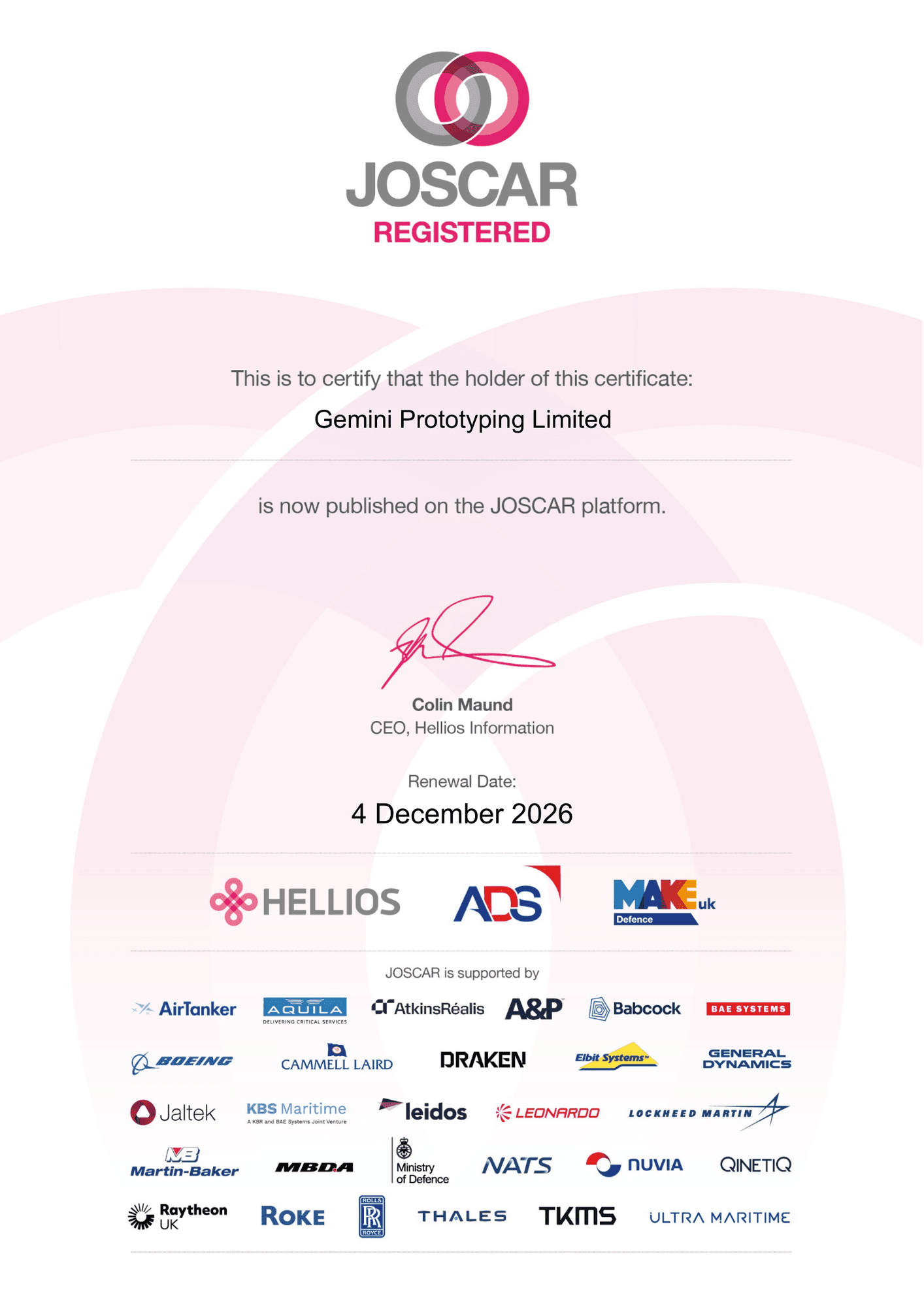 Gemini JOSCAR registration certificate